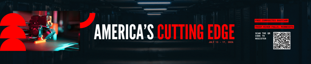 Promotional banner for America's Cutting Edge conference (July 13–17, 2026) with a dark data-center backdrop, bold white and red title, and a QR code on the right.