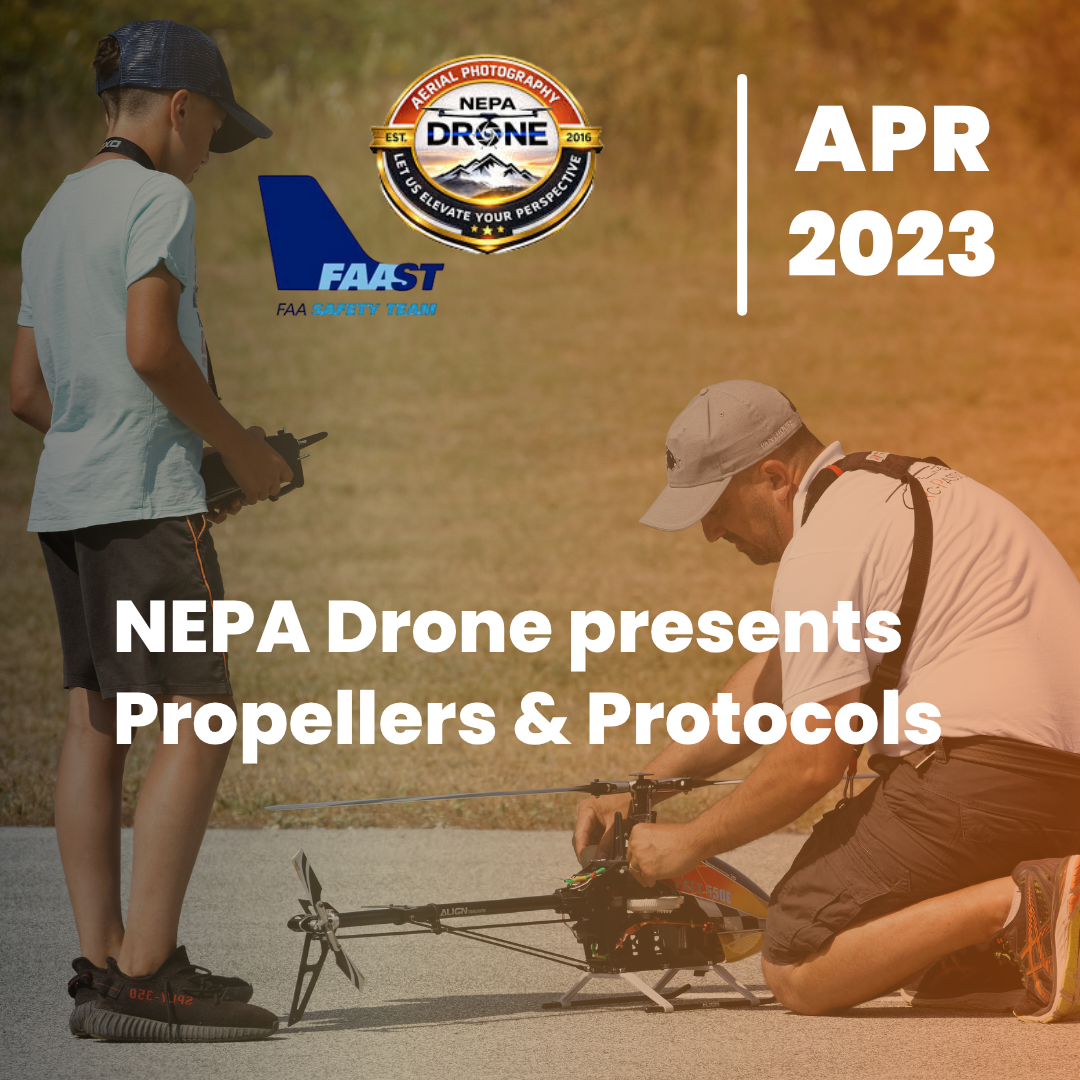 Promotional banner for NEPA Drone event: Propellers & Protocols, APR 2023, with a person kneeling by a model helicopter and a helper standing with a controller.