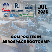Event banner with logos (ACE Northland, IACMI, BAS, Oak Ridge) and the title 'Composites in Aerospace Bootcamp' with date July 2026.